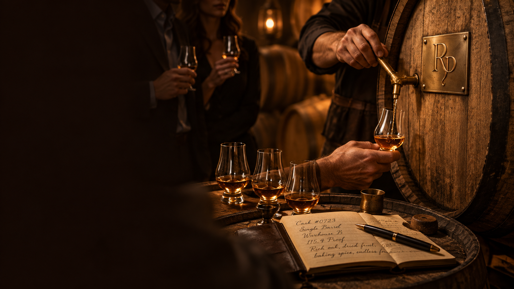 A private tasting with whiskey poured from a Rarest Pour barrel beside tasting glasses and a notebook